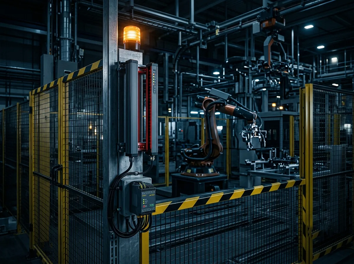Barrera de seguridad fotoeléctrica junto a celda robotizada