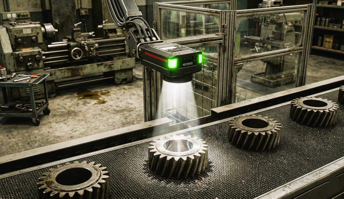 Cámara de visión artificial inspeccionando piezas en línea de producción