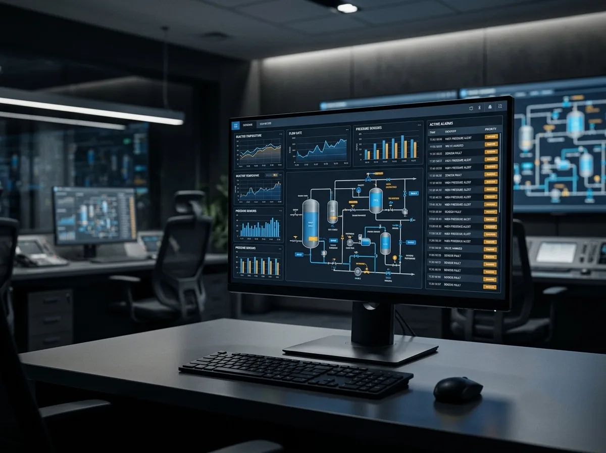 Pantalla SCADA con dashboard de proceso industrial