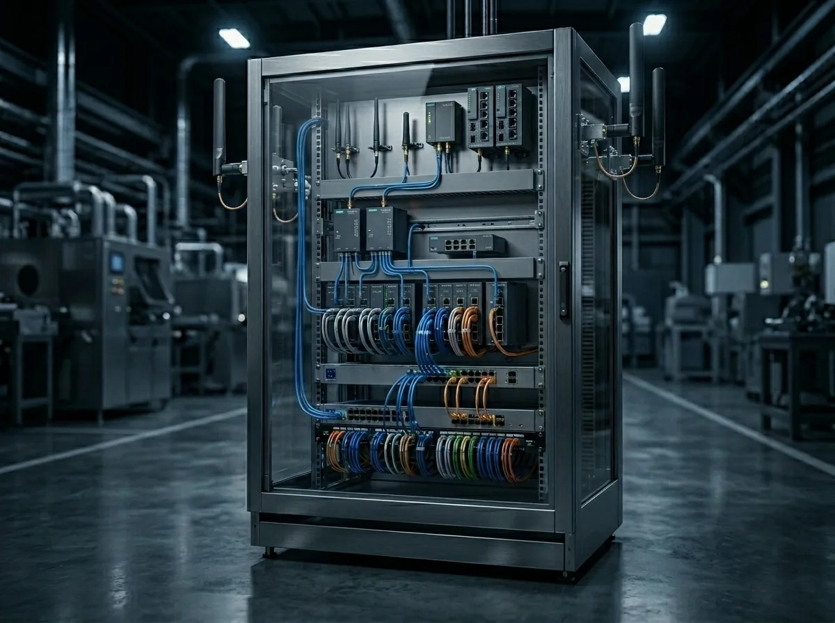 Gabinete de red industrial IIoT con switches y gateways