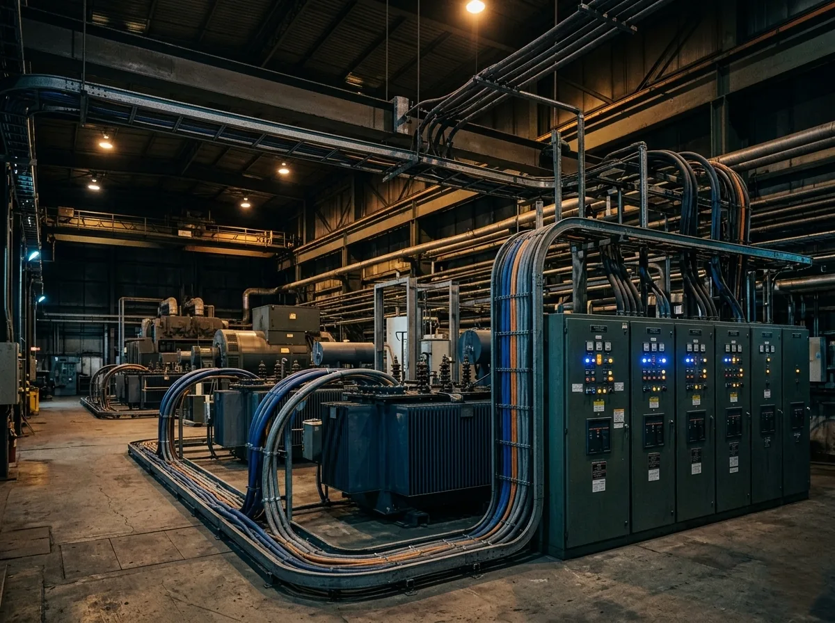 Subestación eléctrica industrial nocturna
