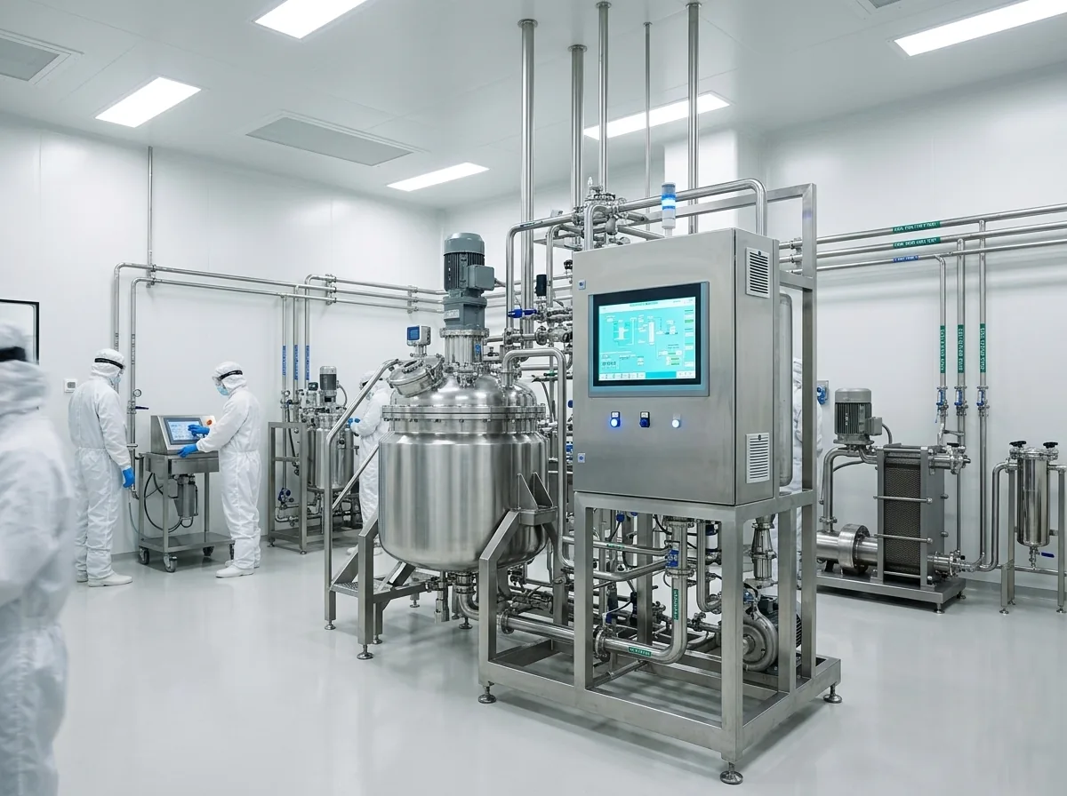 Sala limpia farmacéutica con equipo de proceso en acero inoxidable