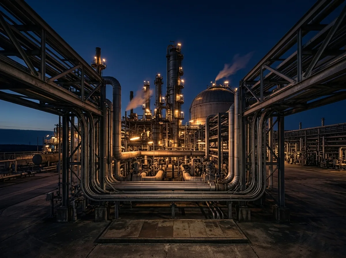 Instalación petroquímica con tuberías industriales al atardecer